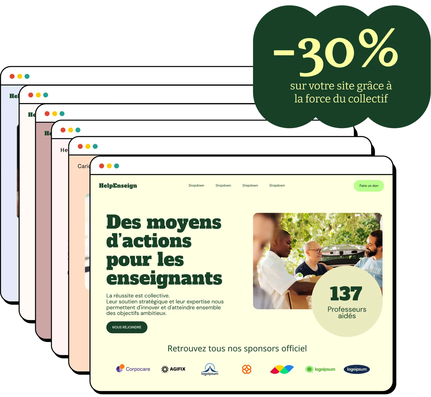 Cinq sites web d'ASBL réalisés par Kern4Good, empilés en éventail